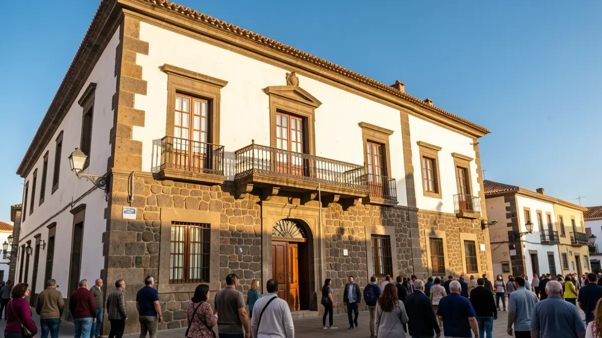 Facade of the Gáldar Town Hall, a traditional Canarian building with a balcony and afternoon light.