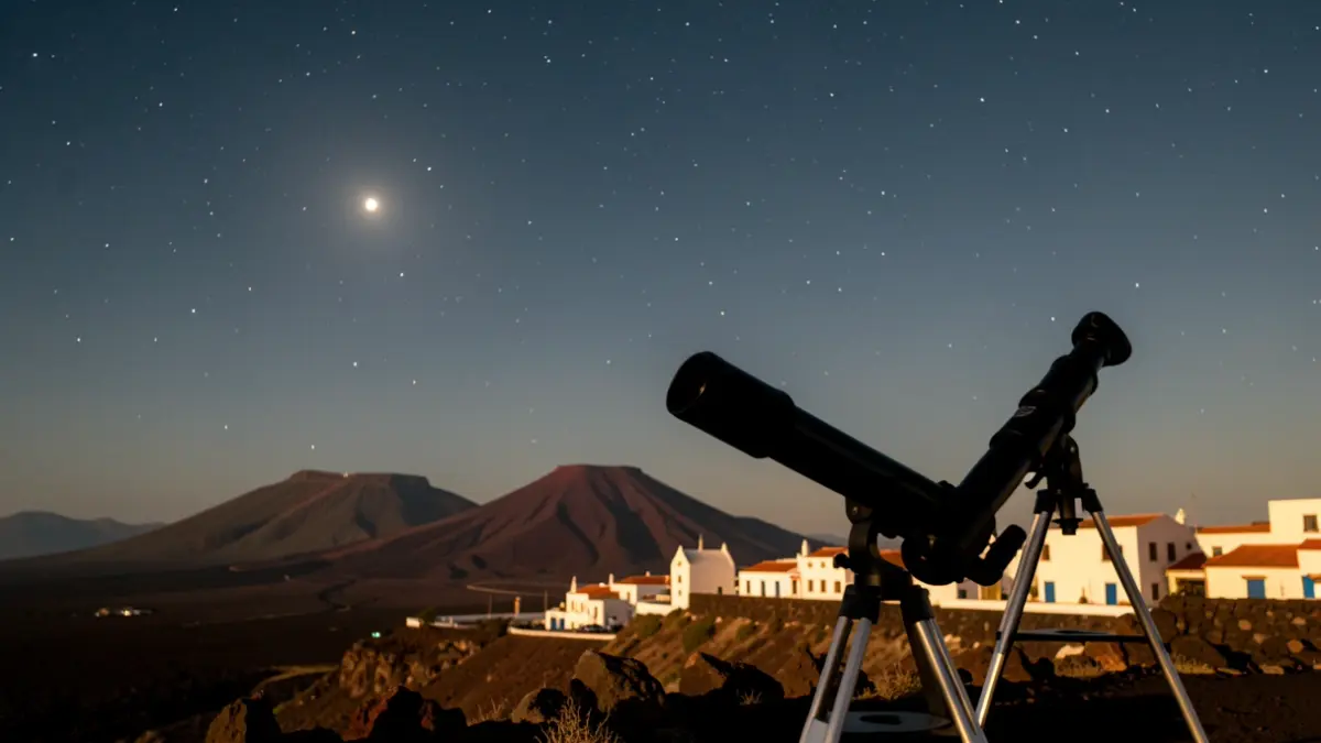 Imagen genérica de una noche de observación astronómica en Canarias con telescopios y paisaje volcánico.