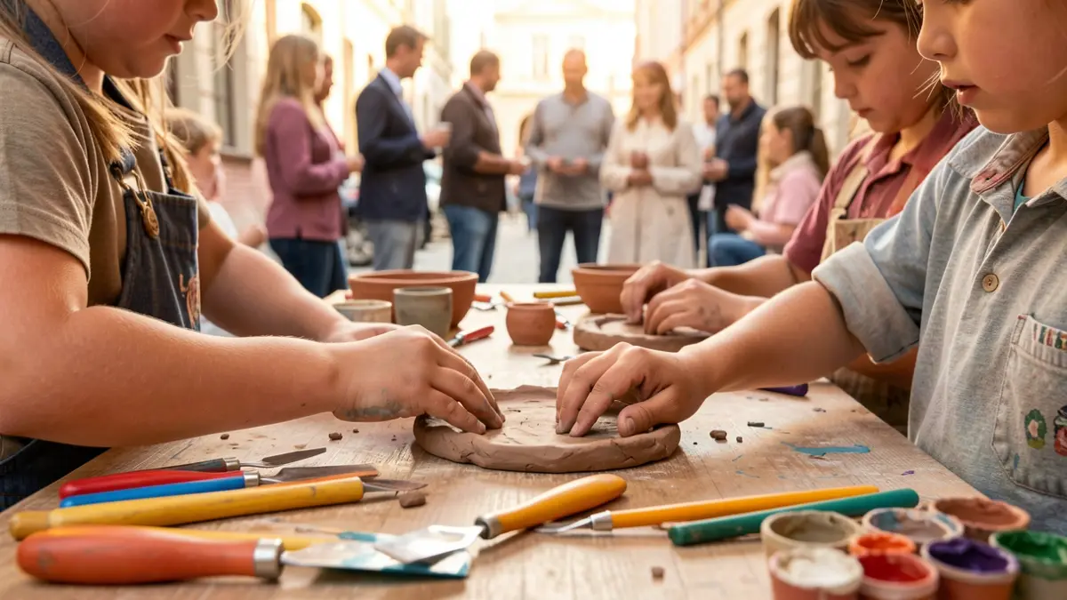 Children's hands working with clay in a creative workshop.