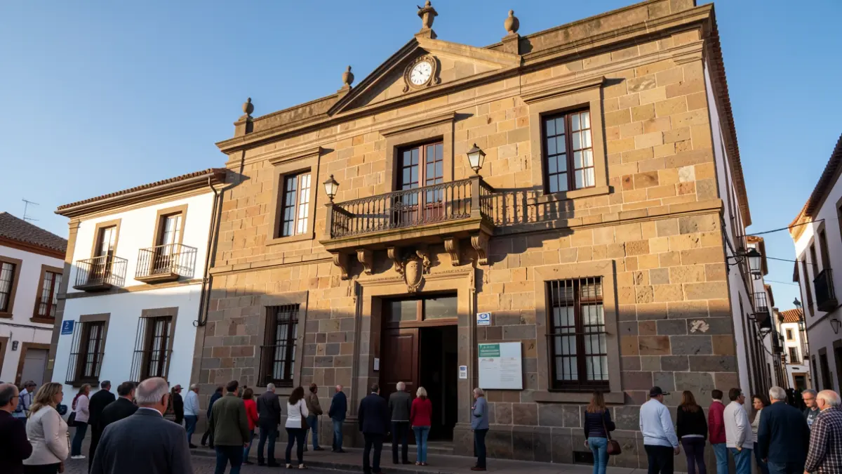 Fachada del Ayuntamiento de Gáldar con arquitectura de piedra y balcón bajo un cielo azul.