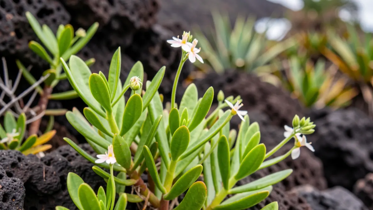 Primer plano de flora canaria única y amenazada, con hojas verdes vibrantes y flores delicadas, sobre un fondo desenfocado de roca volcánica y vegetación subtropical.