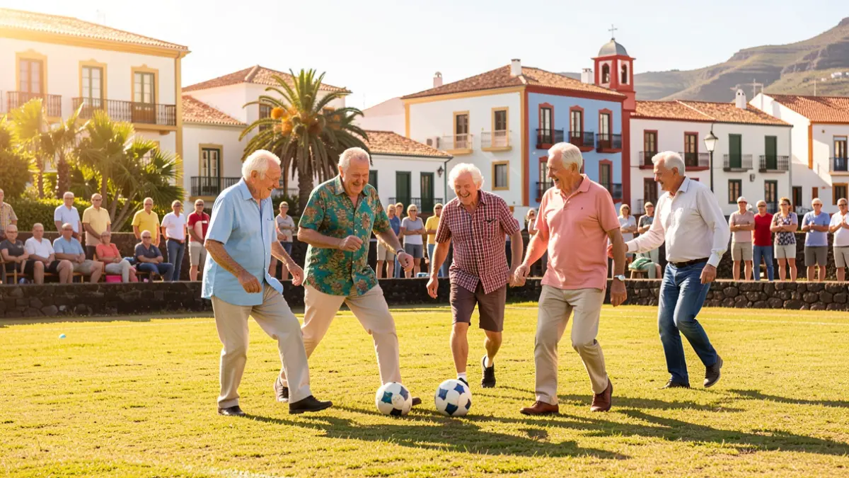 Personas mayores participando en una actividad de fútbol adaptado en un campo al aire libre en Canarias.