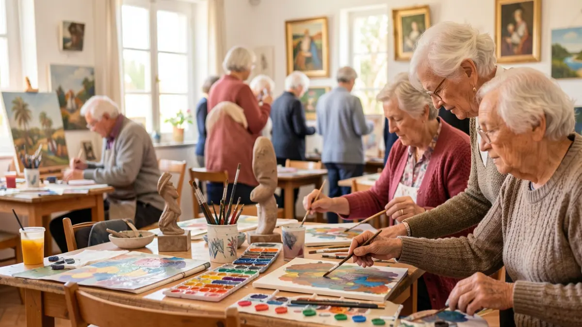 Seniors participating in an art therapy session in a creative workshop in Gáldar.