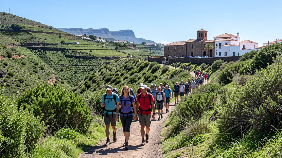 Imagen genérica de una ruta de senderismo en un valle de Canarias con arquitectura tradicional.