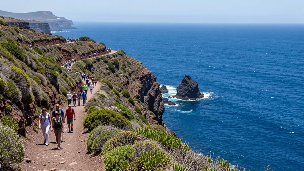 Paisaje costero del litoral de Gáldar con senderos naturales y vistas al océano Atlántico.