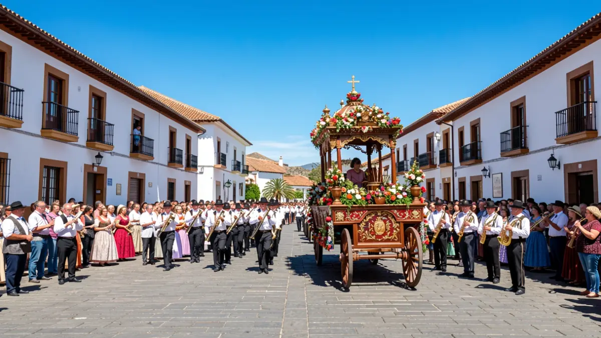 Imagen genérica de una fiesta local en Canarias con una carreta y una banda musical.