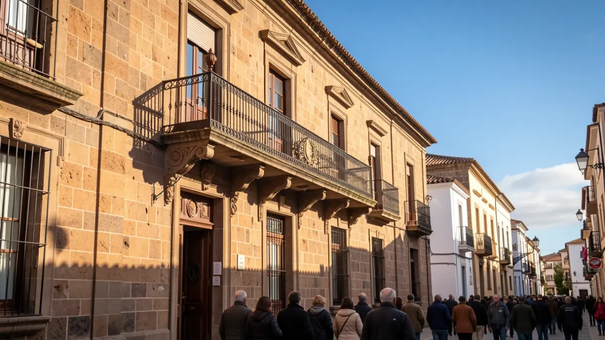 Fachada de un ayuntamiento tradicional canario con balcón y barandillas de hierro, luz cálida de la tarde.