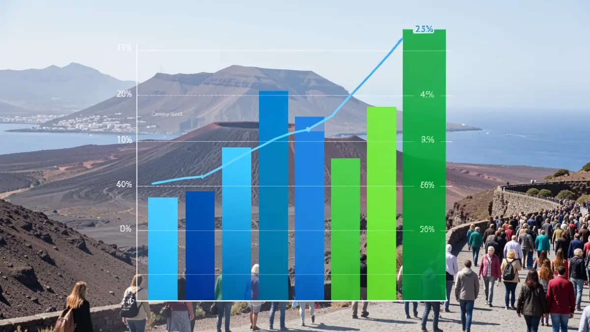 Gráfico abstracto de gasto farmacéutico en Canarias con elementos del paisaje volcánico.