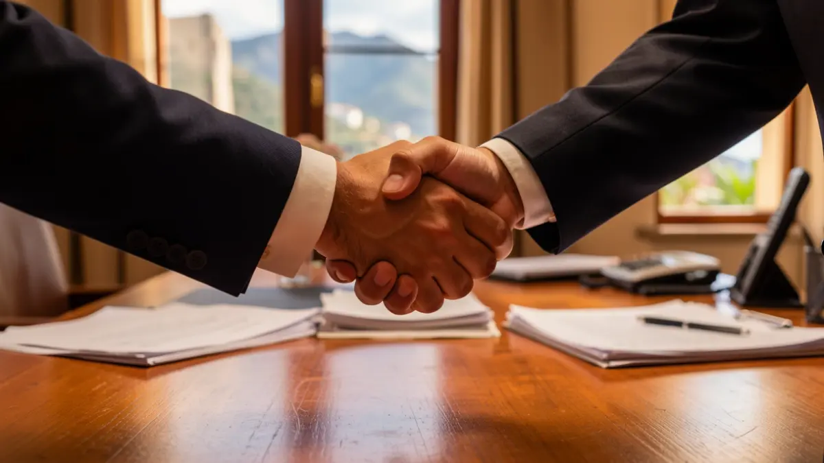 Image of two hands shaking over a desk with documents, with a Canarias landscape in the background.