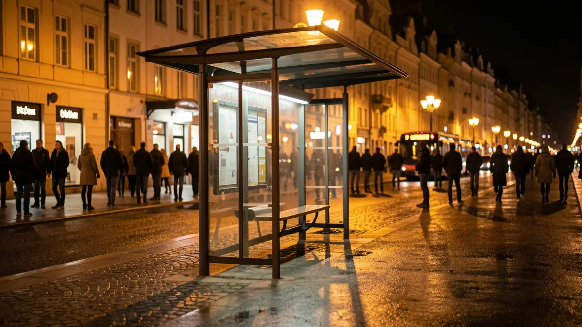 Generic image of a bus stop at night with warm lights.