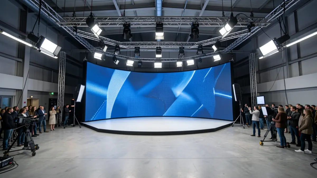 Estudio de producción virtual con pantalla LED de gran formato para rodajes cinematográficos.