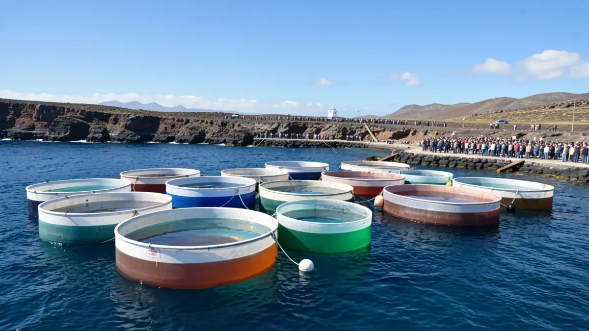 Doce laboratorios marinos flotantes desplegados en aguas de Gran Canaria para un experimento científico.