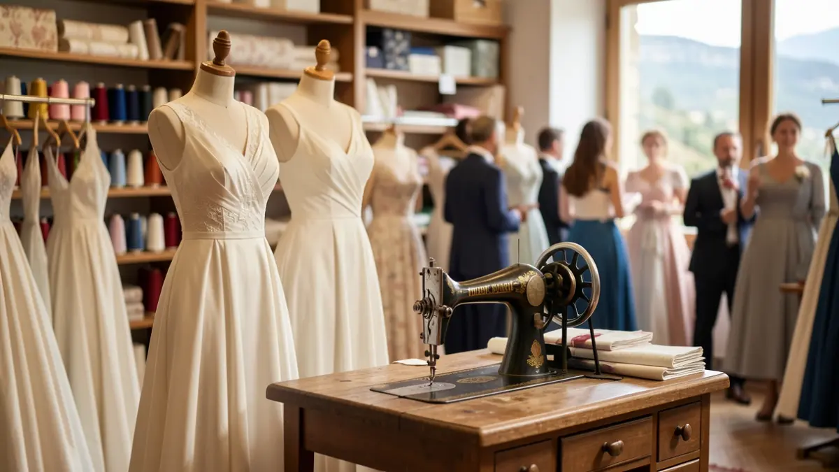 Imagen de un atelier de moda nupcial con maniquíes, telas y herramientas de costura, evocando el proceso artesanal.