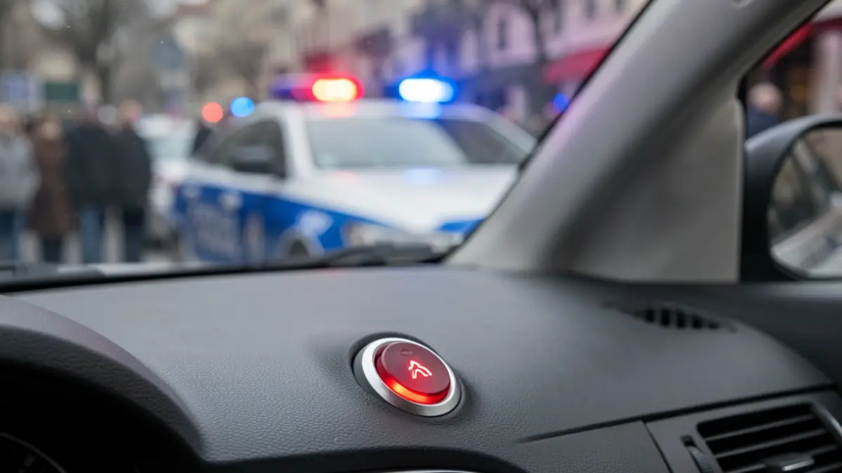 Botón del pánico en un taxi de Gran Canaria con luces policiales de fondo.