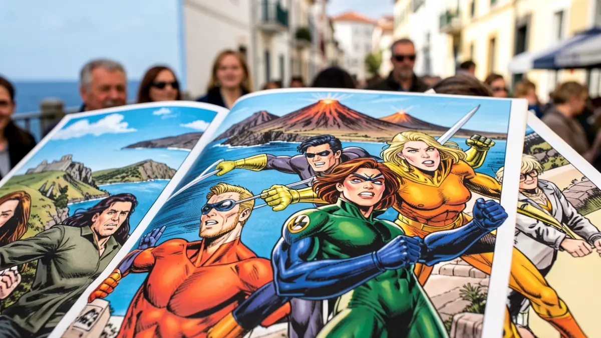 Close-up of an X-Men comic page with the Canary Islands landscape in the background.