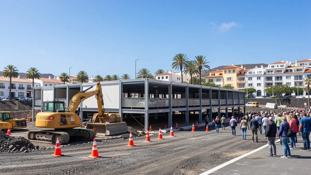 Obras de construcción de un aparcamiento modular en El Médano, Tenerife.