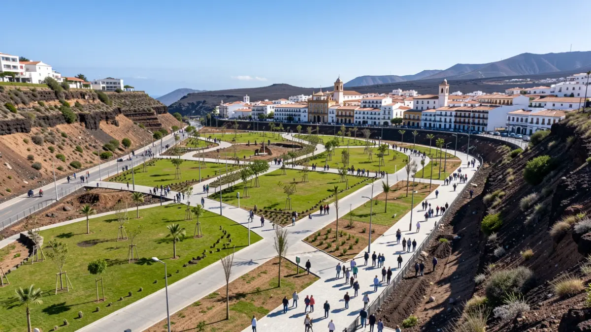 Vista aérea de un parque urbano en construcción en Granadilla de Abona, con zonas verdes y pasarelas peatonales.