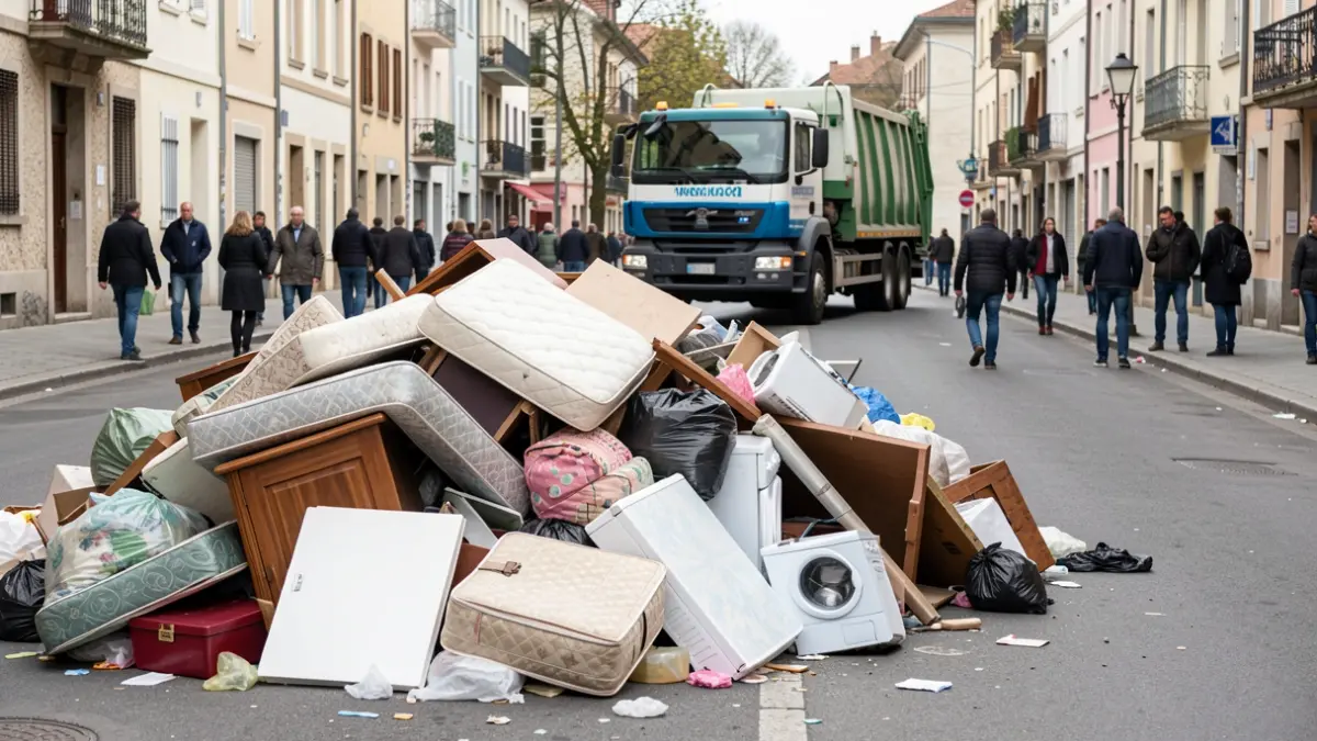 Image of discarded furniture and appliances on a public street, with a municipal cleaning truck.