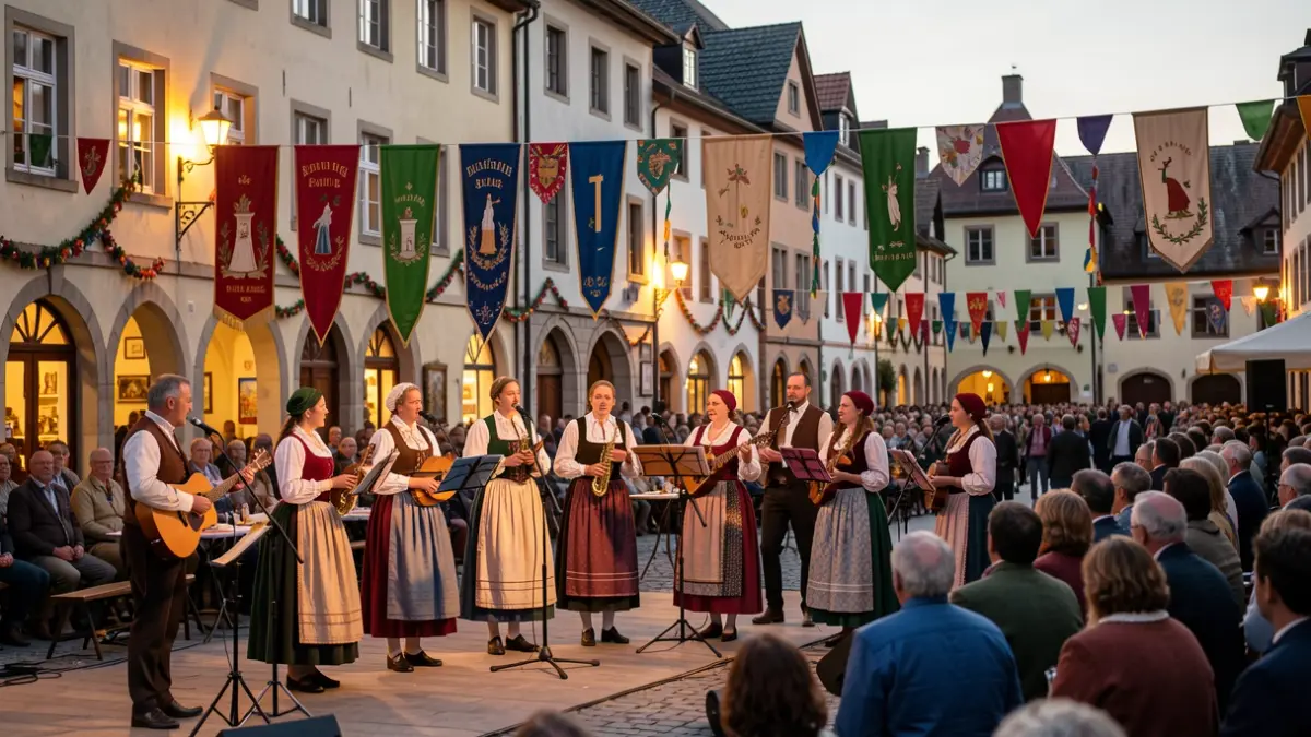 Generic image of a folk group performing in a town square.