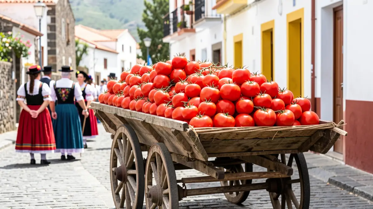 Carreta municipal de Santa Lucía de Tirajana decorada con tomates en Teror.