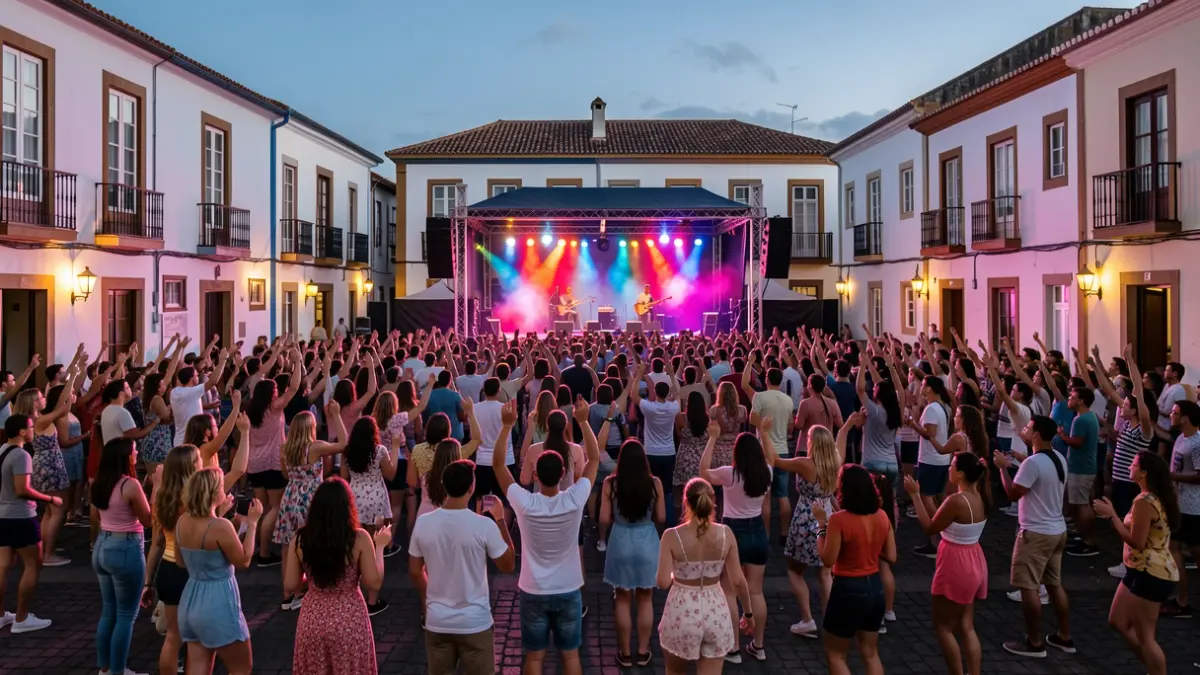 Young people enjoying a music festival in the Plaza Grande of Santa María de Guía at dusk.