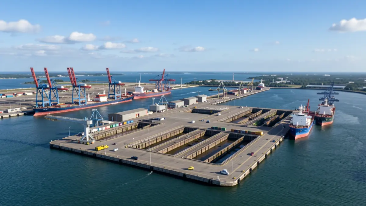 Aerial view of an industrial port area with cranes and docked ships.