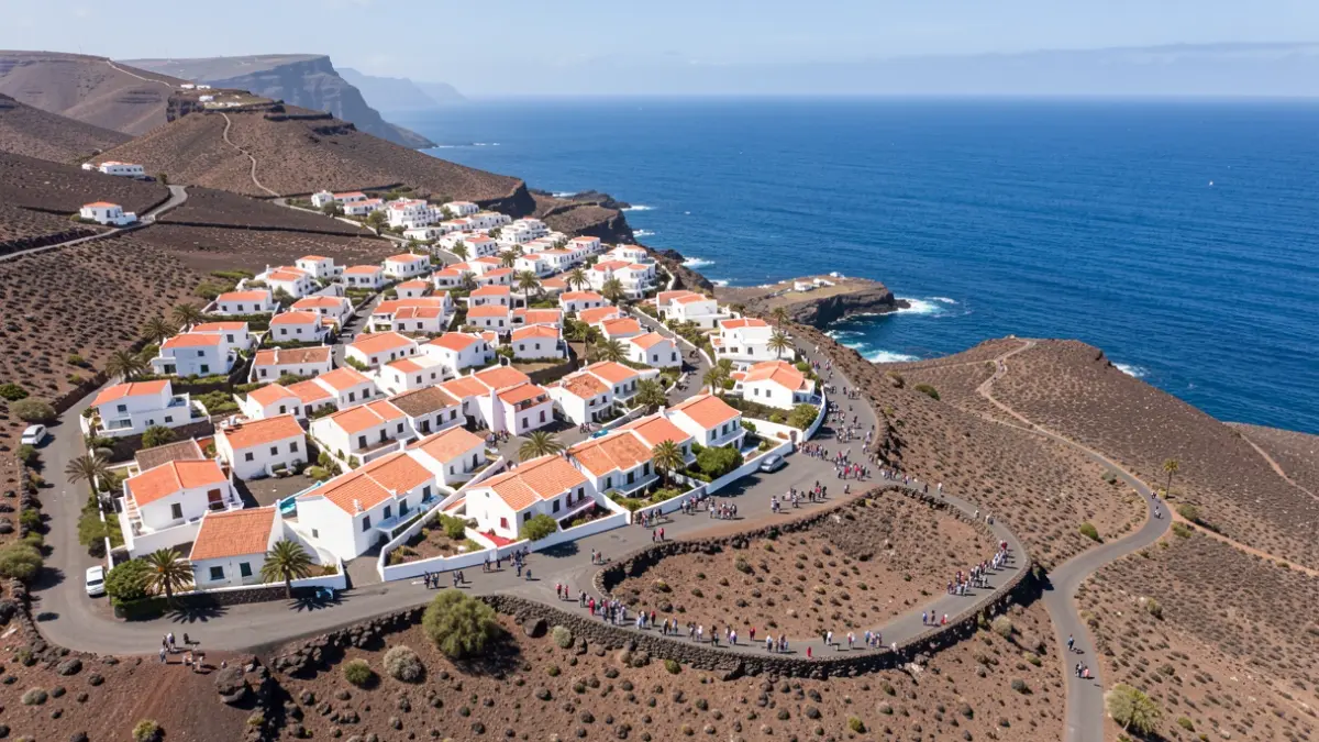 Generic aerial view of a coastal town in the Canary Islands with white houses and volcanic landscape.