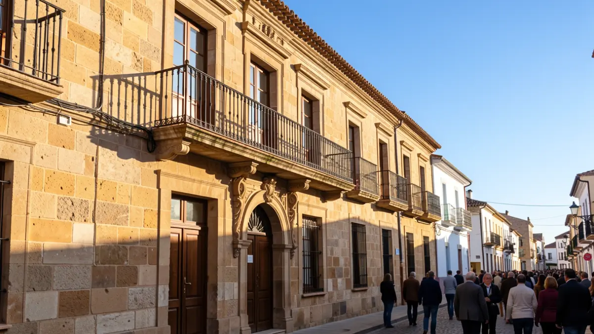 Facade of the Haría Town Hall with balcony and iron railings, afternoon sunlight.