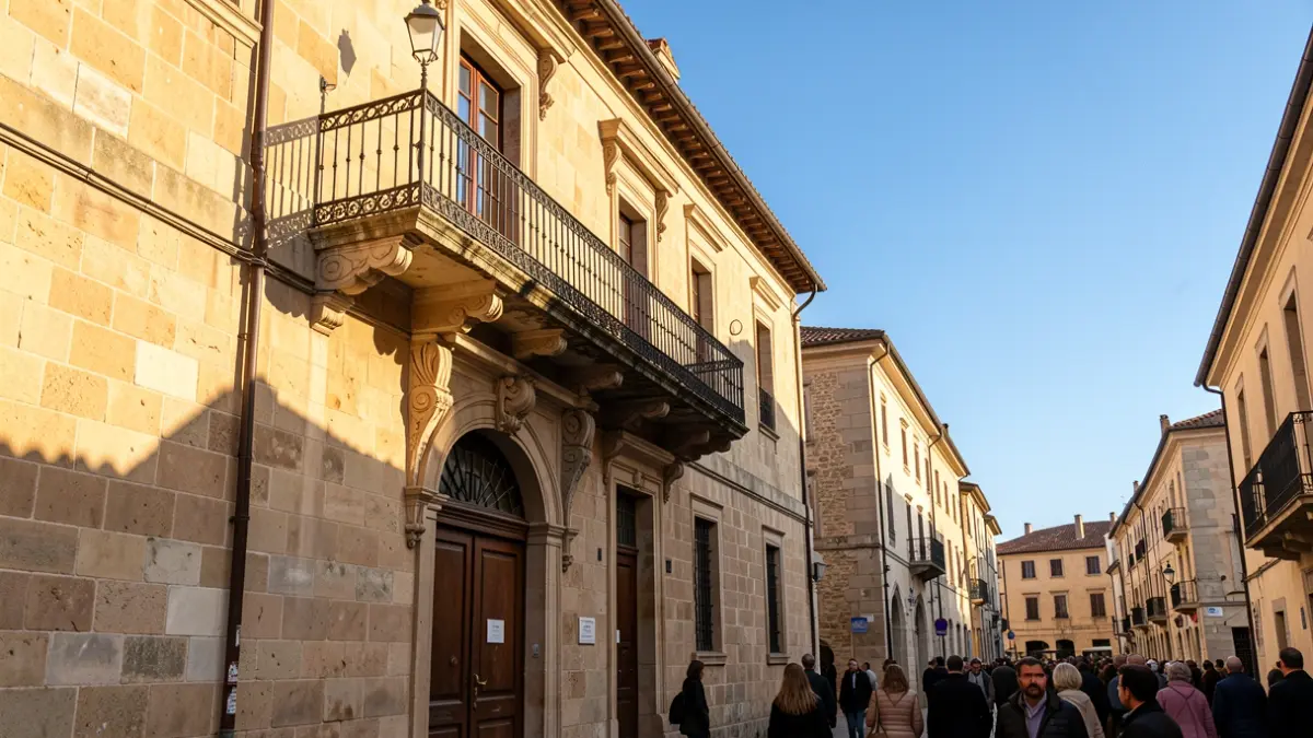 Facade of a traditional Canarias town hall with balcony and iron railings, warm afternoon sunlight.