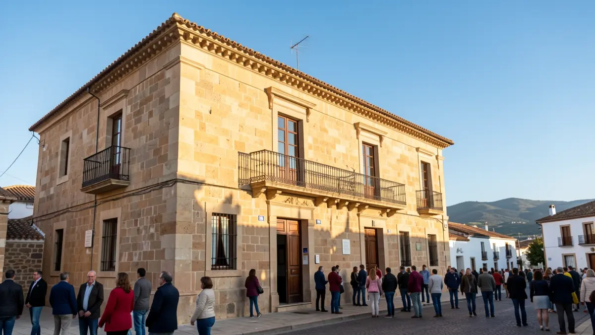 Facade of the Haría Town Hall with a balcony and iron railings, under the afternoon sunlight.