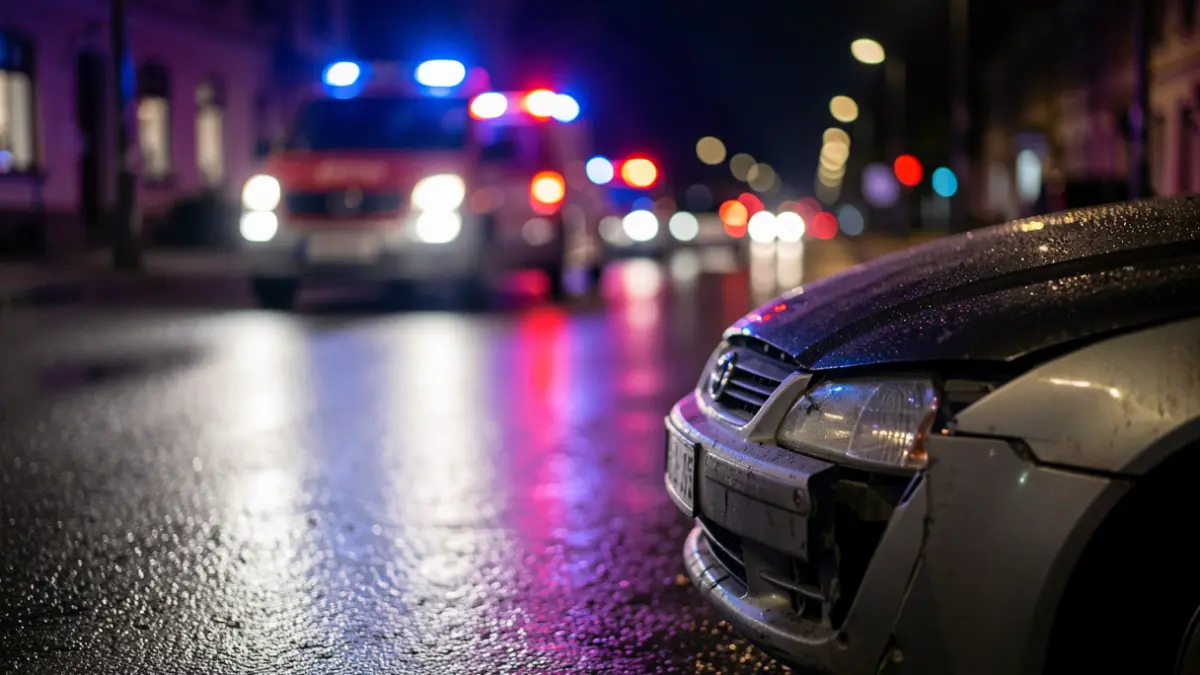 Generic image of emergency lights reflecting on wet asphalt at night.