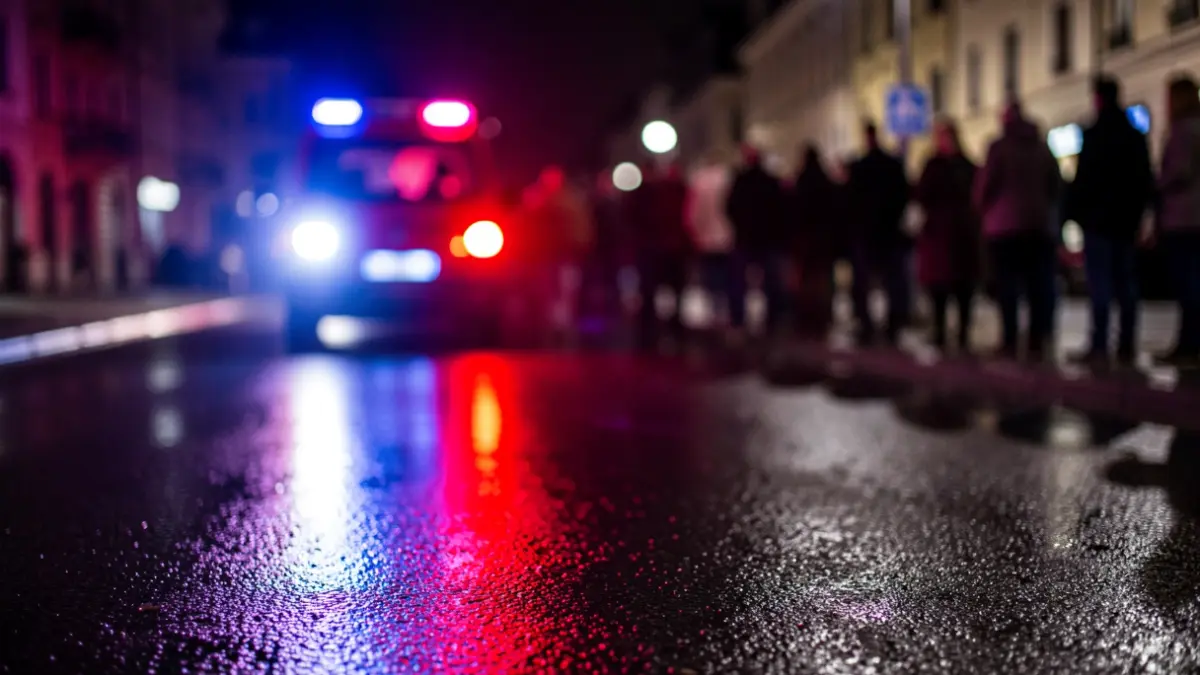 Generic image of police emergency lights reflecting on wet asphalt at night.