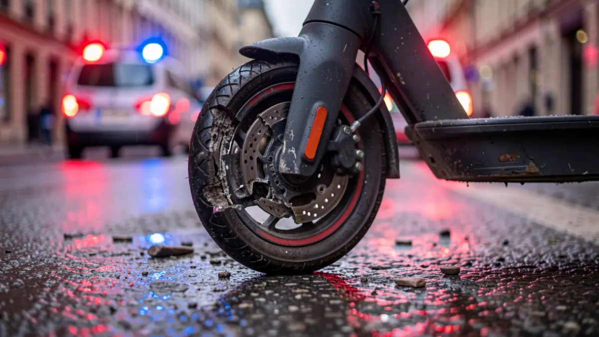 Damaged electric scooter wheel on wet asphalt with emergency lights in the background.