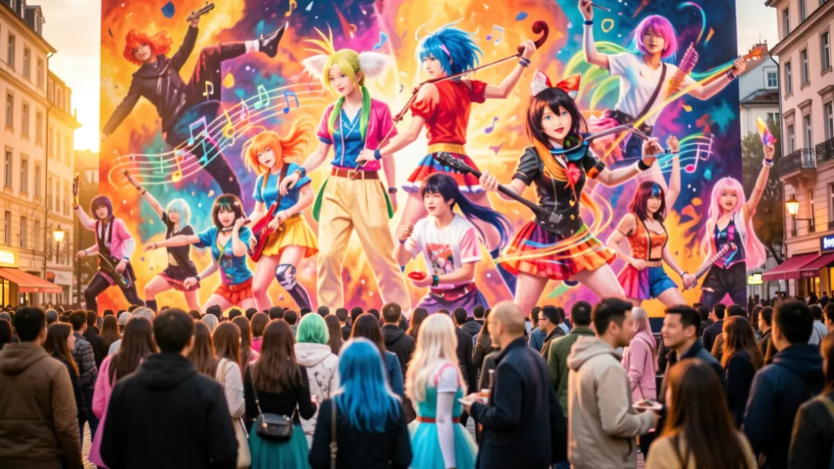 Imagen genérica de elementos de K-Pop y cosplay con luces vibrantes.
