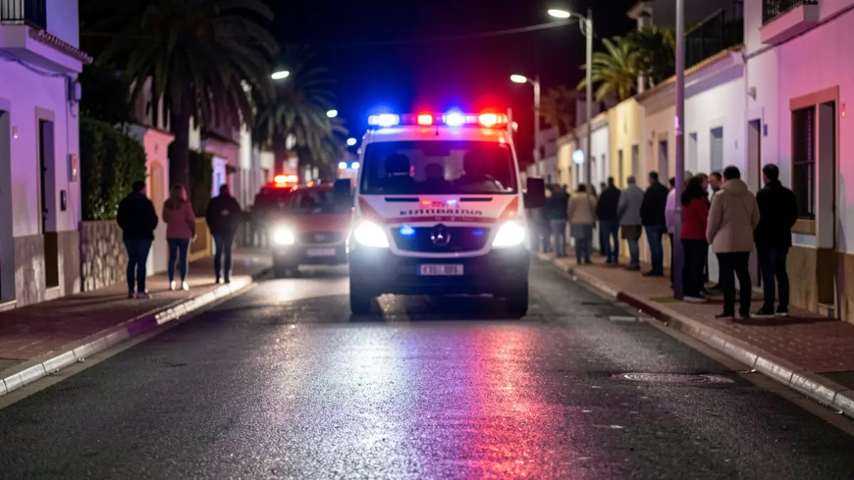 Luces de ambulancia intermitentes rojas y azules reflejándose en el asfalto mojado por la noche en Los Realejos, Tenerife.