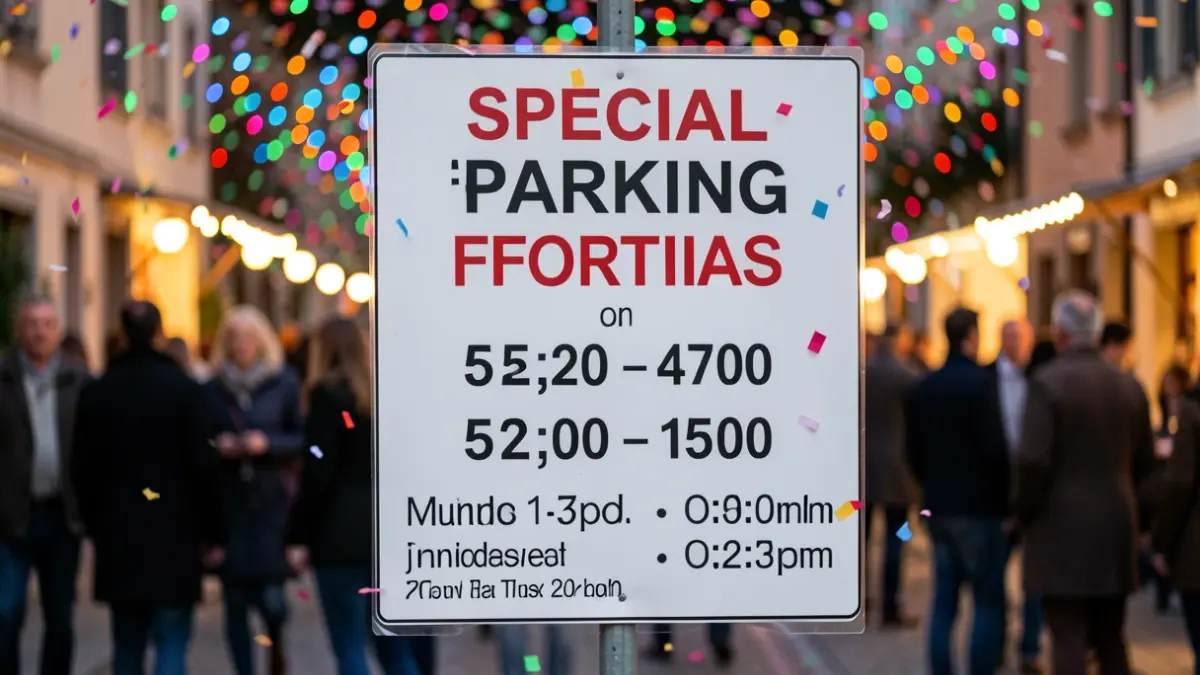 Generic image of a special parking hours sign with festive elements.