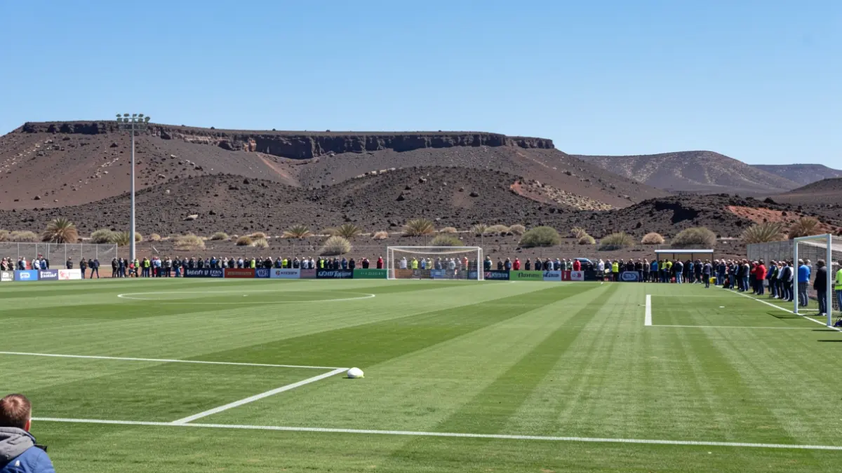 Generic image of a football pitch in Fuerteventura with volcanic landscape in the background.