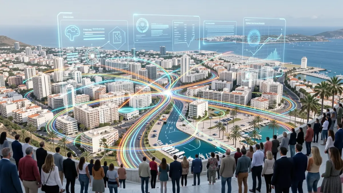 Virtual representation of Las Palmas de Gran Canaria city with data flows and transport routes, AI interface overlaid.