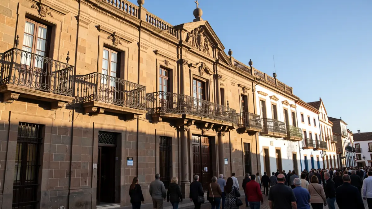 Facade of the Candelaria Town Hall with balconies and iron railings, under the afternoon sunlight.