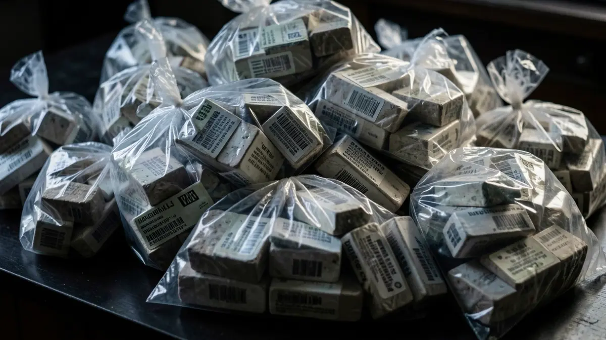 Heroin packages hidden in supermarket bags.