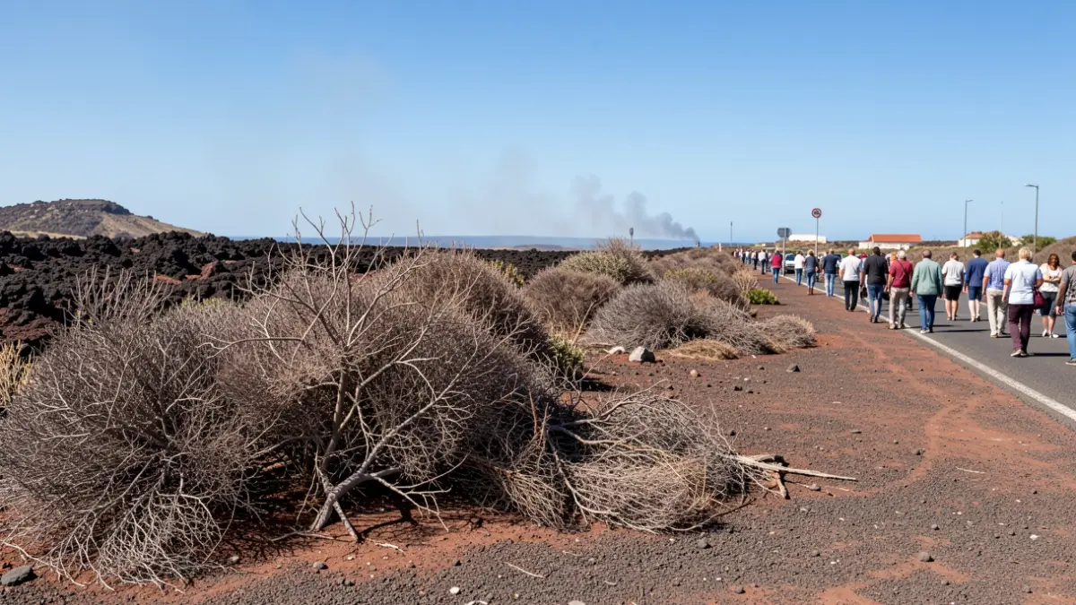 Image of dry brushwood and vegetation on the LZ 30 road in Lanzarote, with smoke rising in the distance.