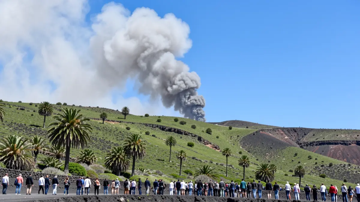 Imagen de una columna de humo elevándose sobre una ladera verde con palmeras en Canarias.