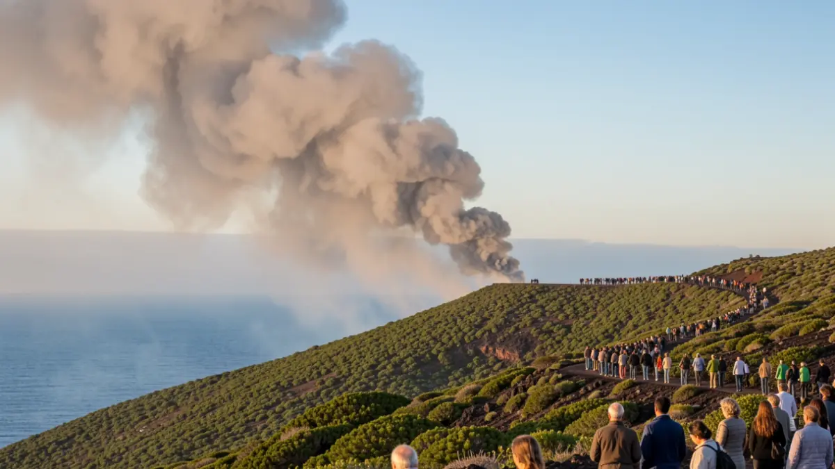 Imagen de una columna de humo gris elevándose sobre una ladera volcánica verde en Lanzarote.