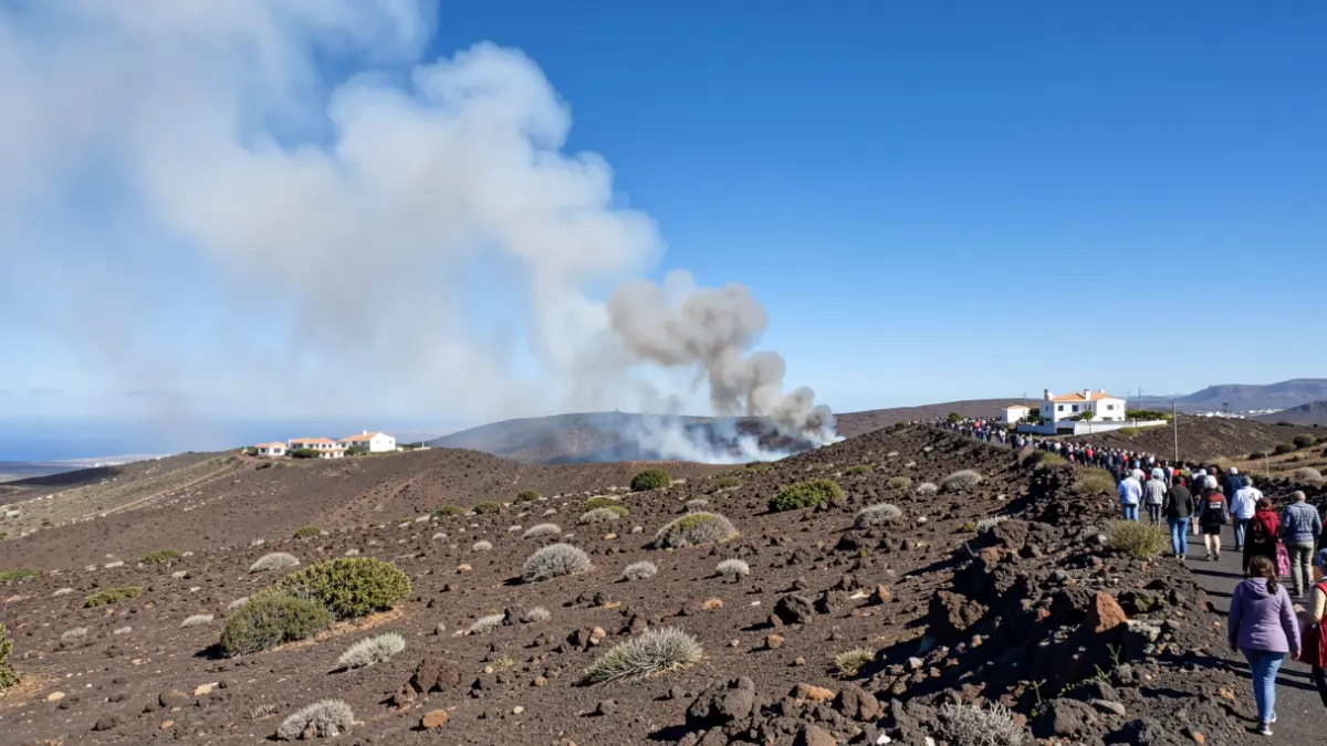 Imagen de humo elevándose sobre una ladera en Gran Canaria, con casas a lo lejos y cielo azul.