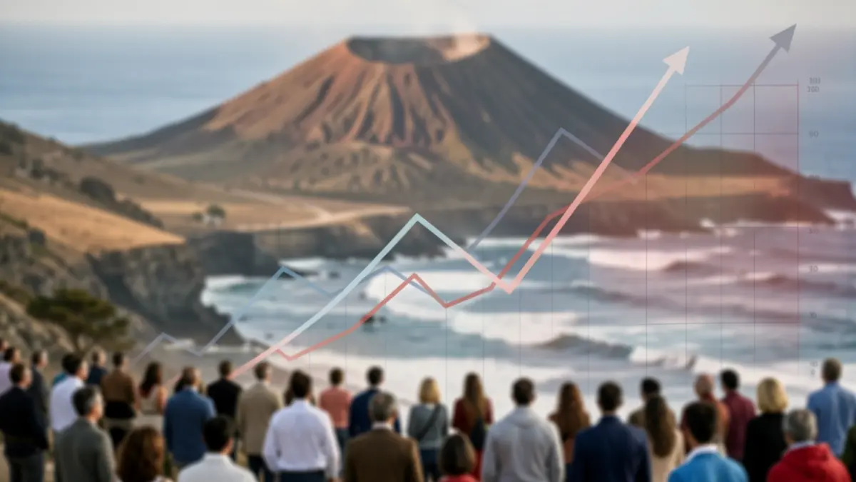 Representación abstracta del aumento de la inflación en Canarias con gráficos ascendentes sobre un paisaje volcánico y el océano.