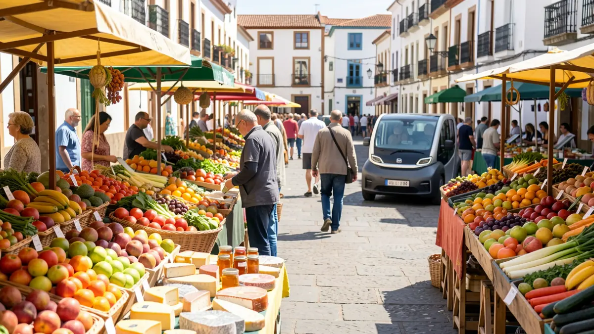 Imagen de la Feria Agroalimentaria Km.0 y la Feria del Sol en Ingenio, con productos locales y un vehículo eléctrico.
