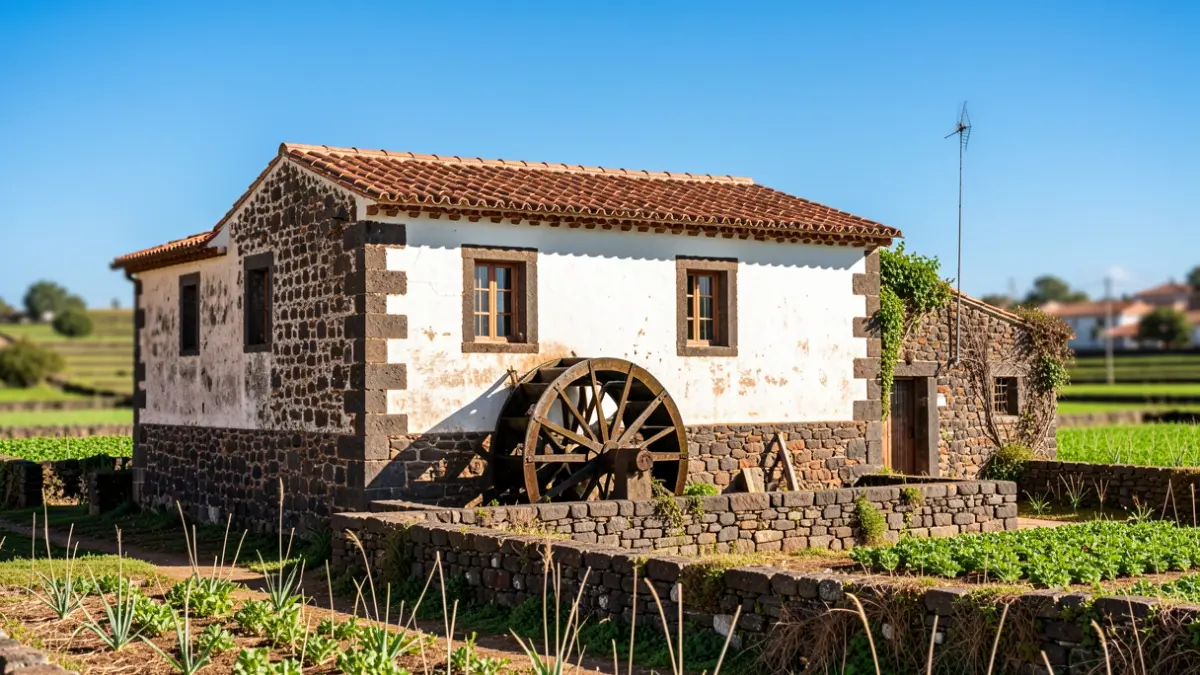 Fachada de una antigua casa-molino de agua tradicional canaria con una noria, rodeada de campos agrícolas.