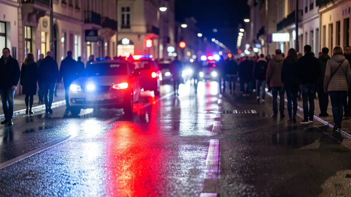 Generic image of police emergency lights reflecting on asphalt at night.