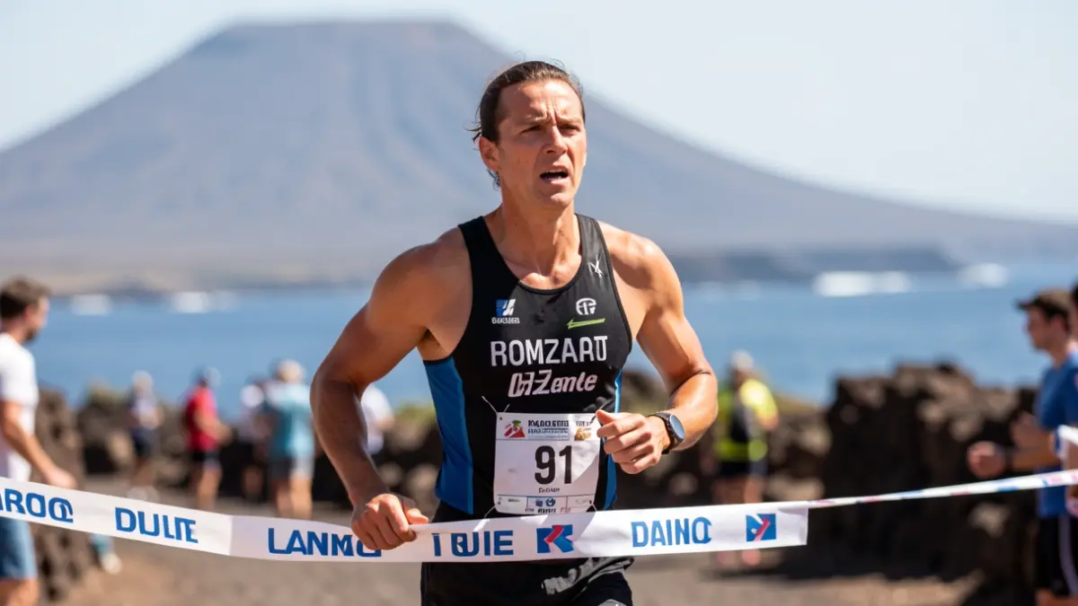 Triathlete crossing the finish line in Lanzarote with volcanic landscape and sea in the background.