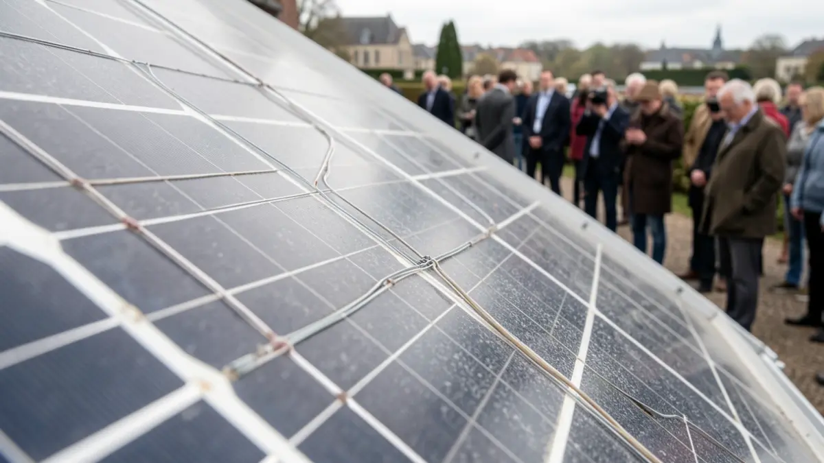 Close-up of a photovoltaic solar panel showing surface details and wiring.